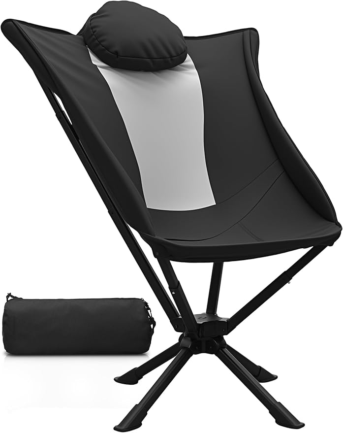 East Oak Swivel Camping Chair – High-Back Portable Folding Chair with Pillow, Sets Up in Seconds, Supports Up to 350 lbs, Compact Lightweight Backpacking Chair for Hiking, Beach, and Sports Events