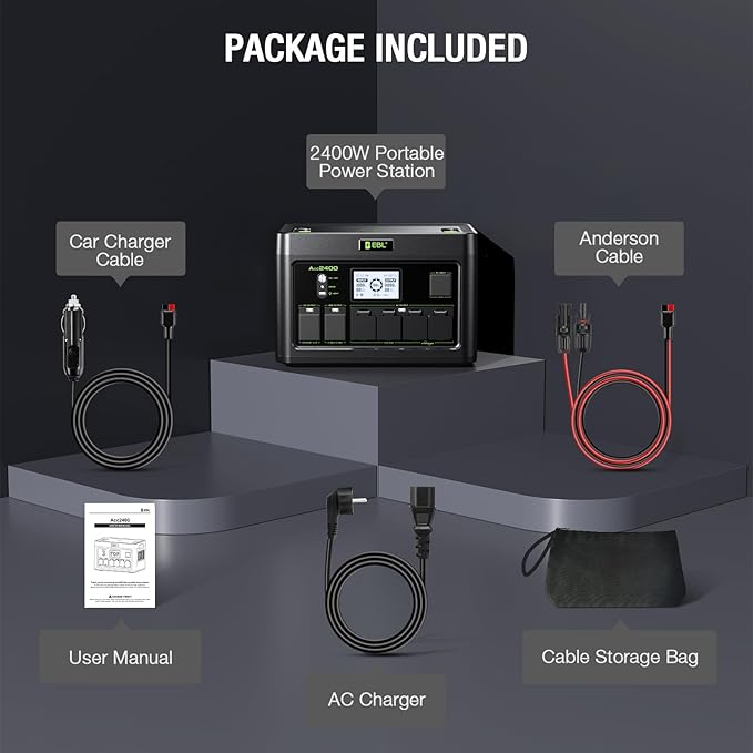 EBL 2400W Portable Power Station LiFePO4 Battery,1843Wh Solar Generator,Home Battery Backup,12 Outlets(2400W AC Outlets,4800W Peak), USB-C PD 100W,2Hrs Quick Charge,Home Emergency, RV Trip
