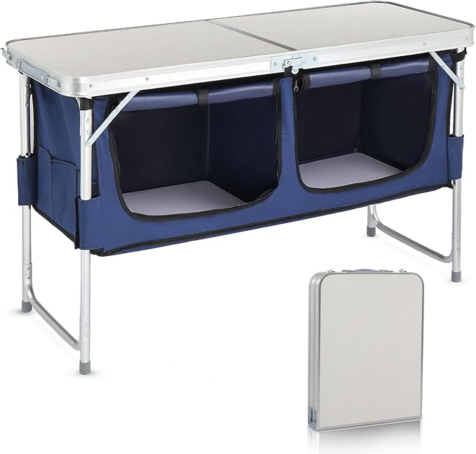 VINGLI 4 Ft Folding Table, Aluminum Camping Table, Picnic Table with Storage, Adjustable Height for Outdoor Beach BBQ Backyards Travel Party (White ＆ Blue)