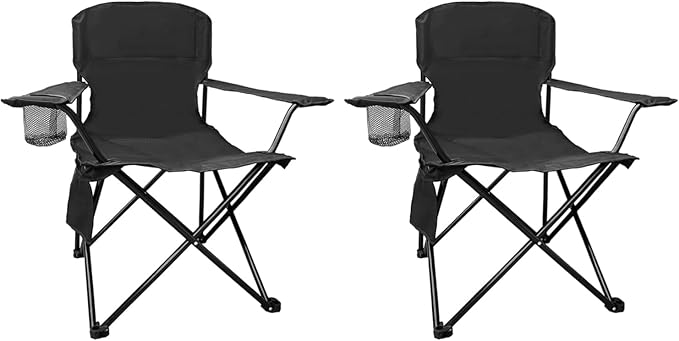Folding Camping Chair with Cup Holder & Storage Bag, 225lbs Capacity, Large Anti-Sink Feet, Breathable PE Coated Fabric for Outdoor, Hiking, Beach, Fishing, Backpacking, 2PCS Black