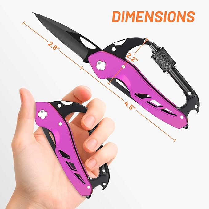 Carabiner Multitool 9-in-1 EDC Pocket Knife, Hexwrench, Saw, Screwdriver, Bottle Opener, Breaker, Survival Gear for Camping Climbing, Gifts for Men Women, Stocking Stuffers (Pink)