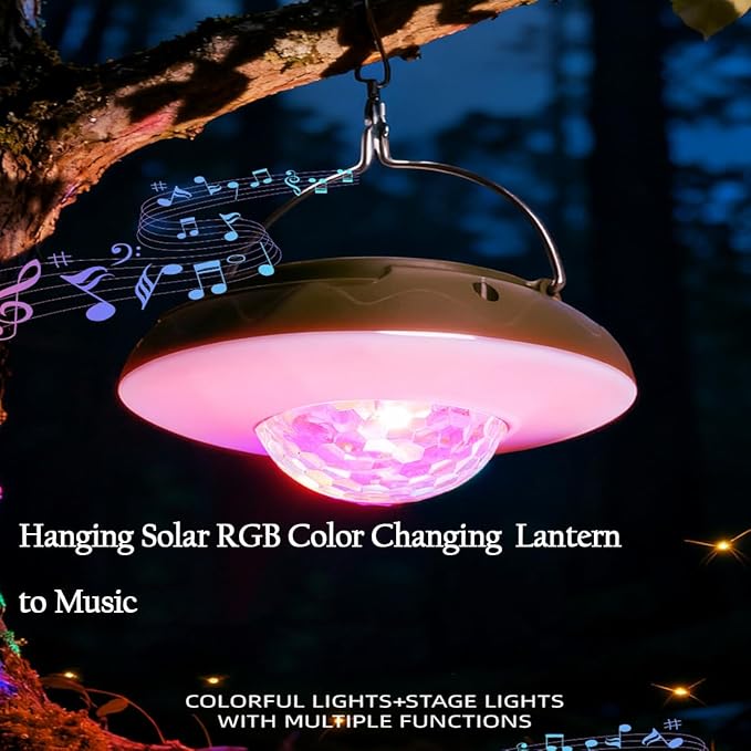 1 Pack Solar Camping Lantern with DJ Disco Ball, RGB Color Changing LED Tent Light, Music Sync Strobe Party Lights, USB Rechargeable Portable Hanging Lamp, Waterproof for Outdoor Christmas Decor Gifts