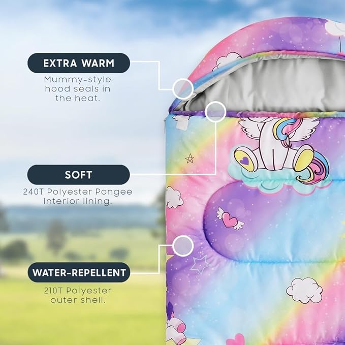 Wake In Cloud - Kids Sleeping Bag for Girls Toddlers, Camping in Warm Cold Weather, Backpacking Lightweight Compact Outdoor Liner for 3 Seasons, Unicorns Rainbow Hearts