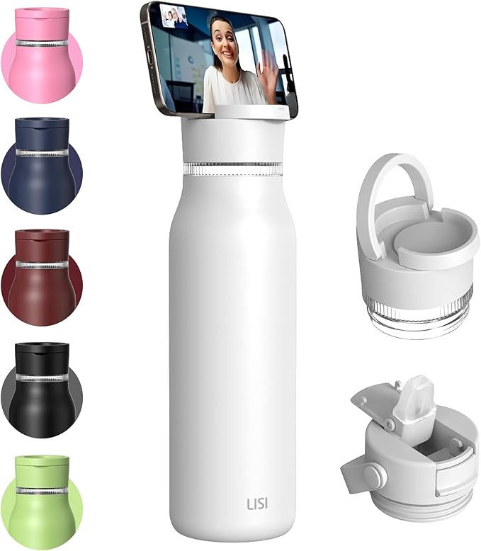LISI 40oz Insulated Water Bottle, Double Wall Stainless Steel Water Bottles with Straw, 100% Leak-Proof Travel Thermal Canteen Mug with 2 Lids (Straw, Phone Holder Lid)