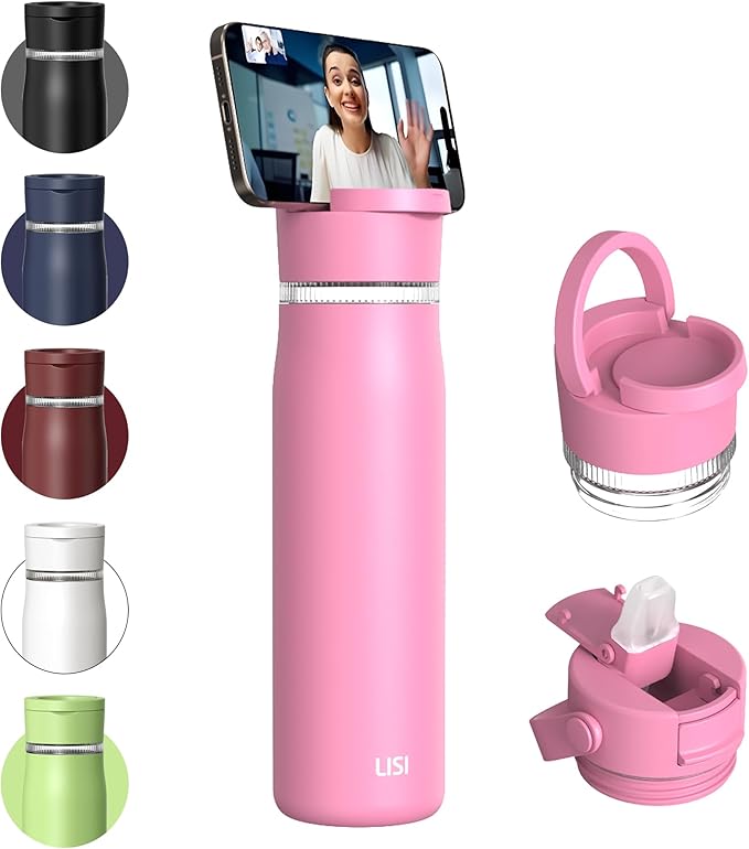 LISI 24oz Insulated Water Bottle, Double Wall Stainless Steel Water Bottles with Straw, 100% Leak-Proof Travel Thermal Canteen Mug with 2 Lids (Straw, Phone Holder Lid)