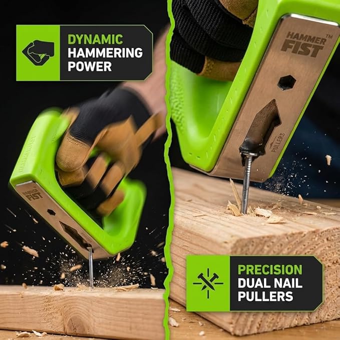 Hammer Fist 8-in-1 Multitool - Heavy Duty Stainless Steel Palm Hammer & Nail Puller, Non-Marring Mallet, Hex Driver, Ruler, Square & Bottle Opener - Compact EDC Survival Gear & DIY Hand Tool (Green)