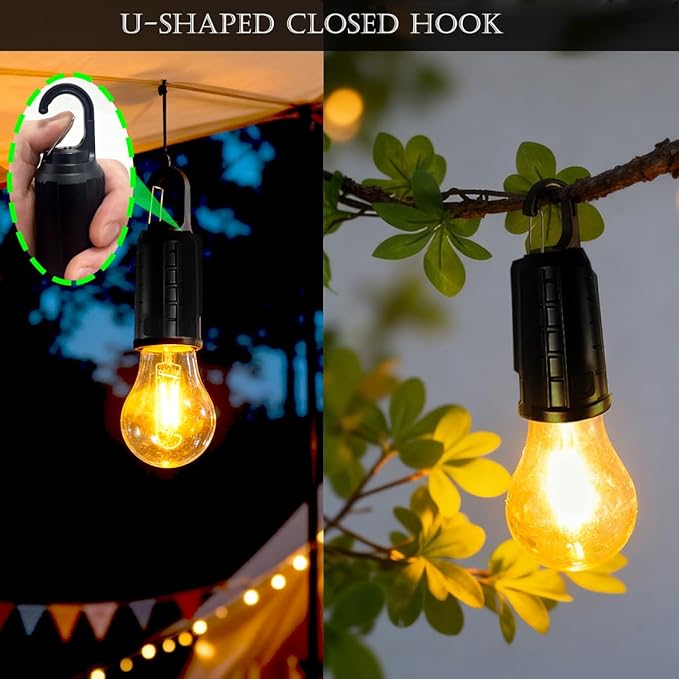 Solar Camping Lantern, Portable LED Camping Light with Light Sensor, USB Rechargeable Tent Light, Dusk to Dawn Waterproof Hanging Emergency Light for Outdoor Hiking Backpacking Patio Warm White 4 Pack