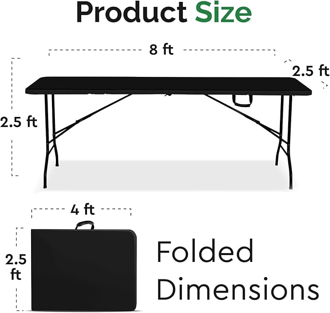 EconoHome Black 8ft Folding Table with Handle | Heavy-Duty Foldable Table | Portable Table for Indoor & Outdoor Use | Perfect for Events, Camping, Parties, Dining & More