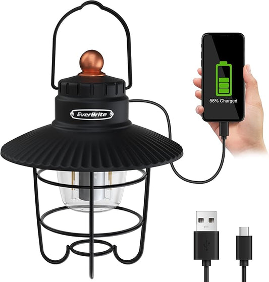 EverBrite LED Camping Lantern, USB C Rechargeable Lantern with 3 Light Modes, Vintage Outdoor Lanterns with Power Bank Function for Power Outages, Hurricane, Emergency, Fishing