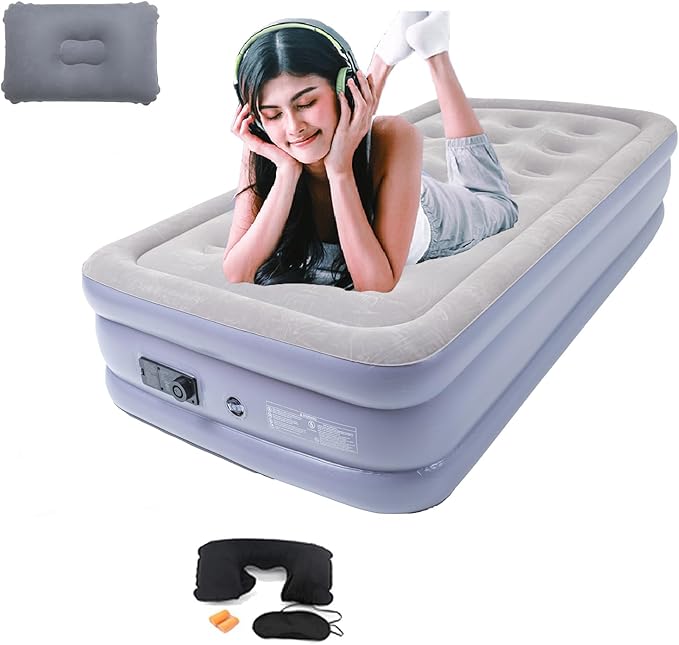 Onirii Twin Air Mattress Bed with Built in Pump,16 Inches High Airbed Inflatable Mattress,Comfort Thickened Blow Up Air Bed,Travel Sleeping Pad for Guests Home (Twin Size)