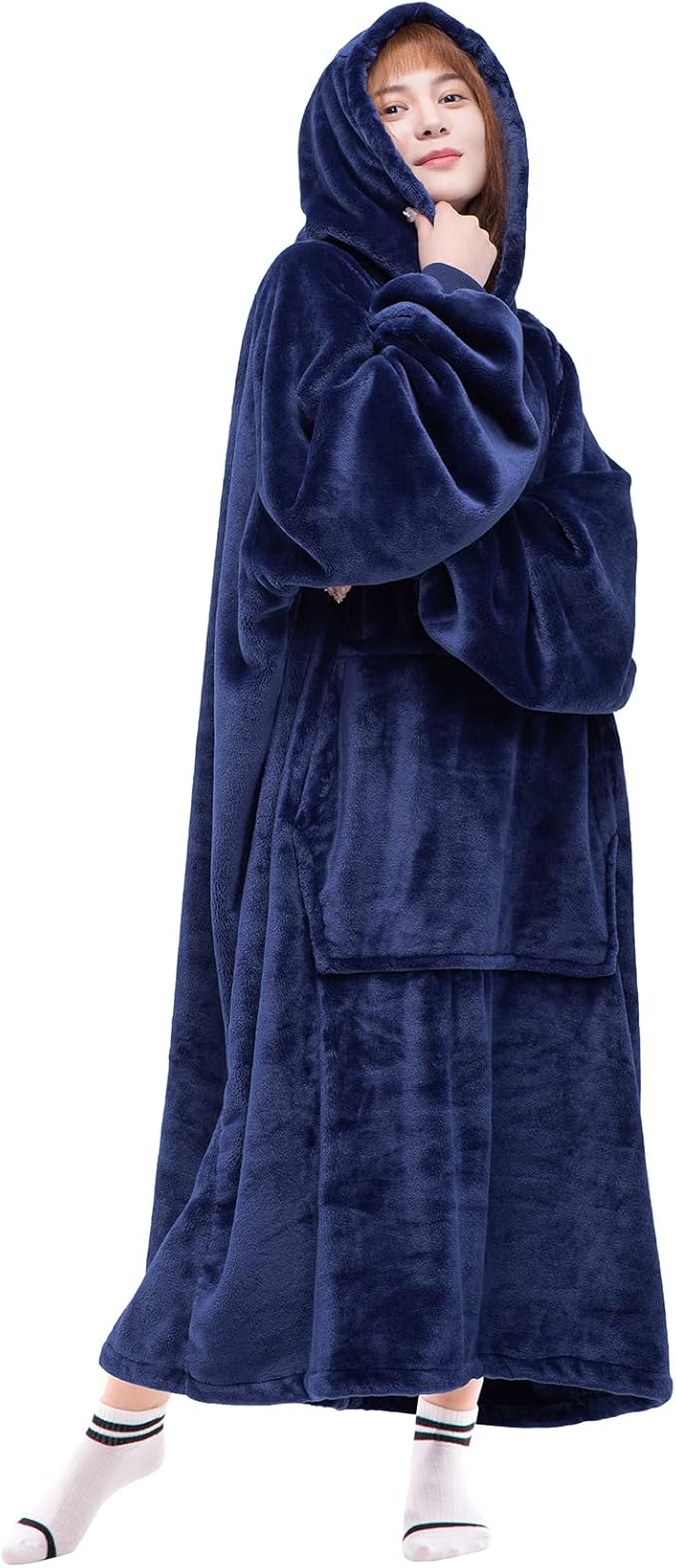 Waitu Wearable Blanket Sweatshirt Gifts for Women and Men, Warm and Cozy Giant Blanket Hoodie, Thick Flannel Blanket with Sleeves and Giant Pocket - Navy