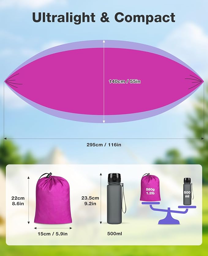 MOSFiATA Camping Hammock, Heavy Duty up to 700lbs with 2 Tree Straps and Attached Carry Bag Portable Outdoor Hammock for Backpacking Hiking Travel,Beach (Pink Purple)