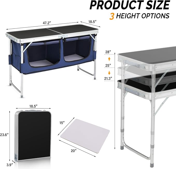 VINGLI 4 Ft Folding Table, Aluminum Camping Table, Picnic Table with Storage, Adjustable Height for Outdoor Beach BBQ Backyards Travel Party (Black ＆ Blue)