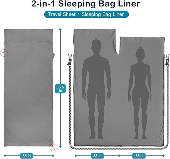Sleeping Bag Liner, Ultralight Silky Satin Adult Sleep Sack & Self Tan Sleep Sack with Two-Way-Zipper, Single Camping Sheet & Travel Sheets for Hotel