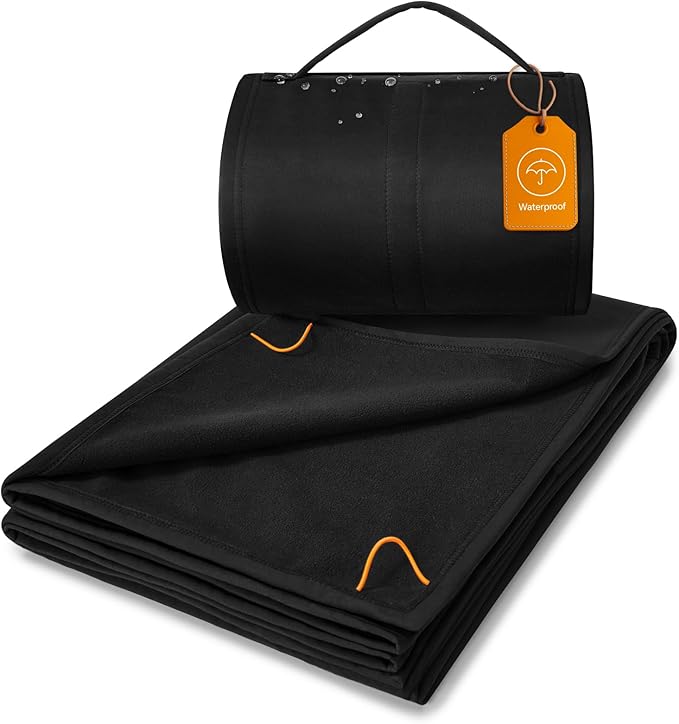 BEDELITE Large Waterproof 315GSM Camping Blanket 2.75LB, Lightweight Packable Blanket for Car, Foldable Fleece Stadium Blanket for Outdoor Sports, Wearable, Machine Washable, 55" x 80" Twin,Black