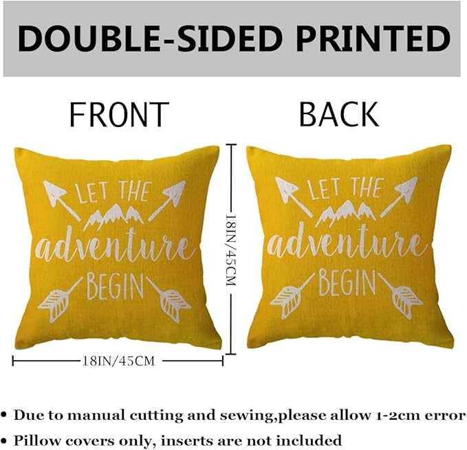 ULOVE LOVE YOURSELF Adventure Arrow Throw Pillow Covers Mountain Forest Pillowcases 18 x 18 Inch Let The Adventure Begin Decorative Cushion Covers for Cabin/Camper (Yellow)
