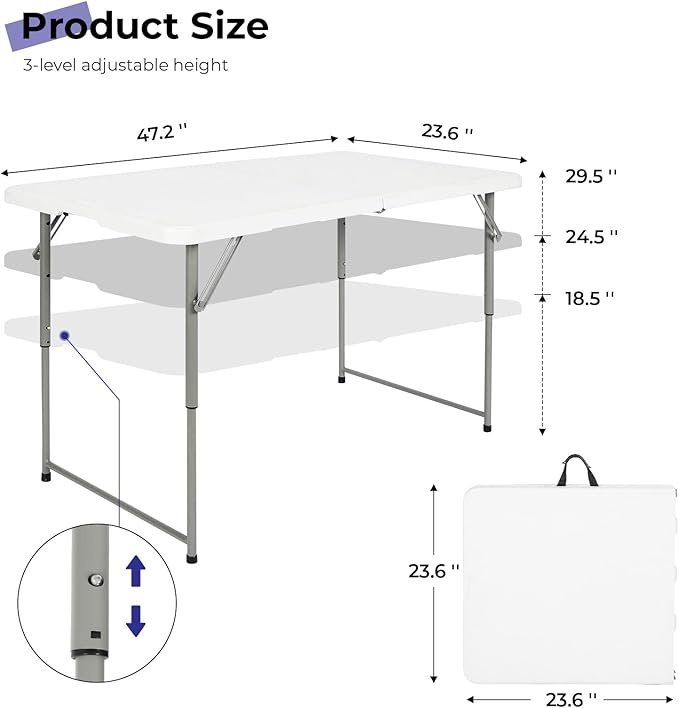 Byliable Folding Table 4 Foot Portable Heavy Duty Plastic Fold-in-Half Utility Table Small Indoor Outdoor Adjustable Height Folding with Carrying Handle, Camping and Party,White | Portable, Heavy Duty, Fold-in-Half, Indoor Outdoor, Adjustable Height, F...