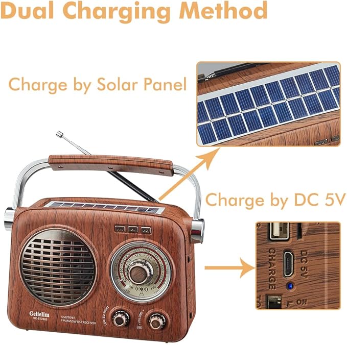 Gelielim Radios Portable AM FM SW,Vintage Radio Bluetooth Speaker with Crystal Clear Sound, Rechargeable Battery Powered, Retro Small Radio with Solar Panel & Flashlight, Gifts for Seniors Elderly