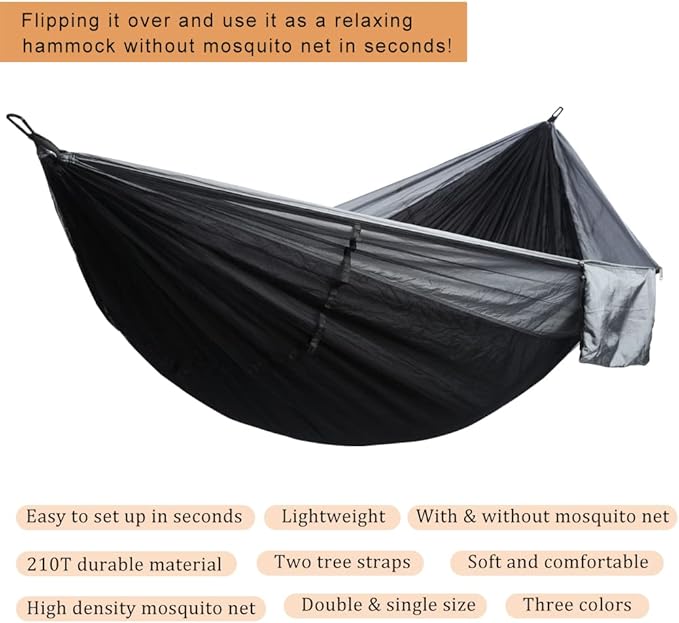 AnorTrek Camping Hammock with Mosquito Net, Double & Single Lightweight Portable Hammocks with Tree Straps, Parachute Hammock for Camping, Backpacking