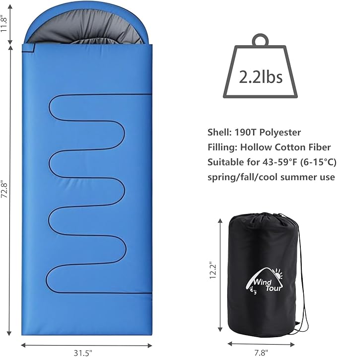 Wind Tour 3 Season Lightweight Waterproof Sleeping Bag Indoor & Outdoor for Hiking Backpacking Camping Traveling