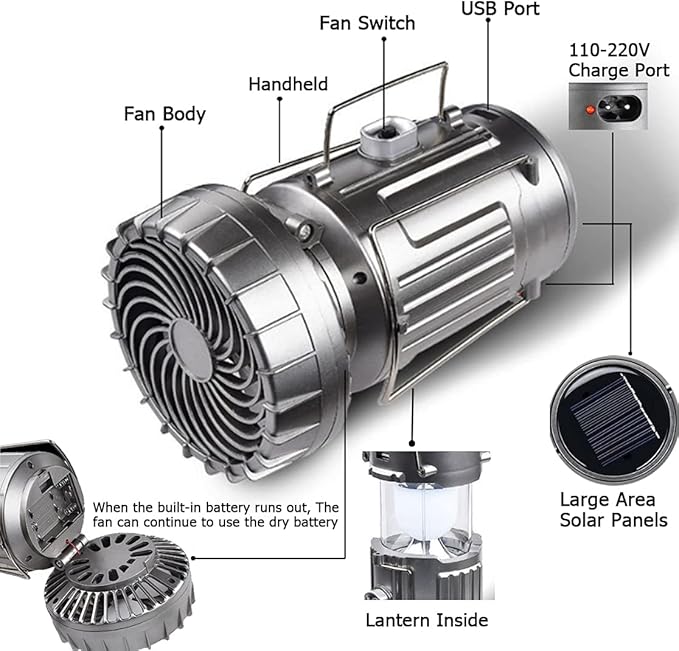SupBri 2Pack Solar Camping Lantern with Fan, 3-Way Power Source,Rechargeable Lanterns for Power Outages, Camping Lights for Tent Hurricane Emergency Camping Gear Must Haves