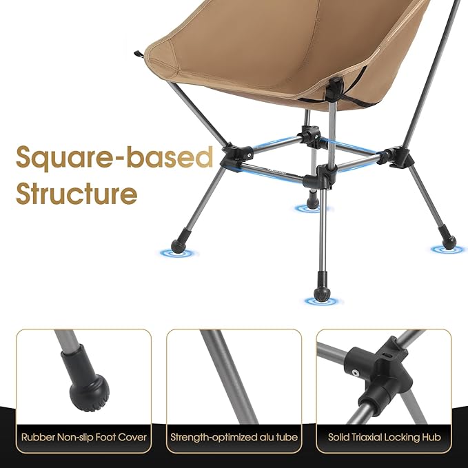 Camptime Portable Camping Chair Plus, Larger & Roomier, Compact and Lightweight, Folding Chair for Backpacking & Hiking, 330Lbs Capacity, Khaki