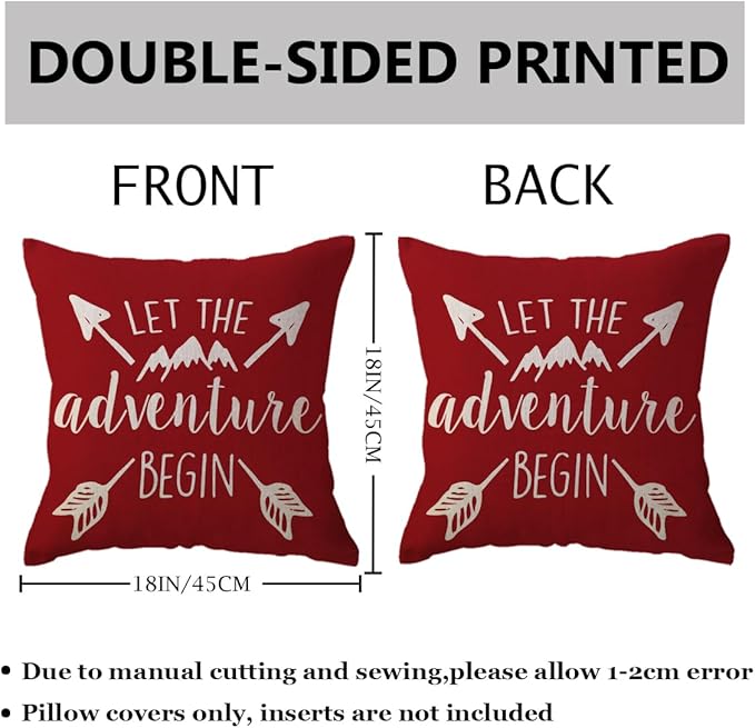ULOVE LOVE YOURSELF Adventure Arrow Throw Pillow Covers Mountain Forest Pillowcases 18 x 18 Inch Let The Adventure Begin Decorative Cushion Covers for Cabin/Camper (Red)