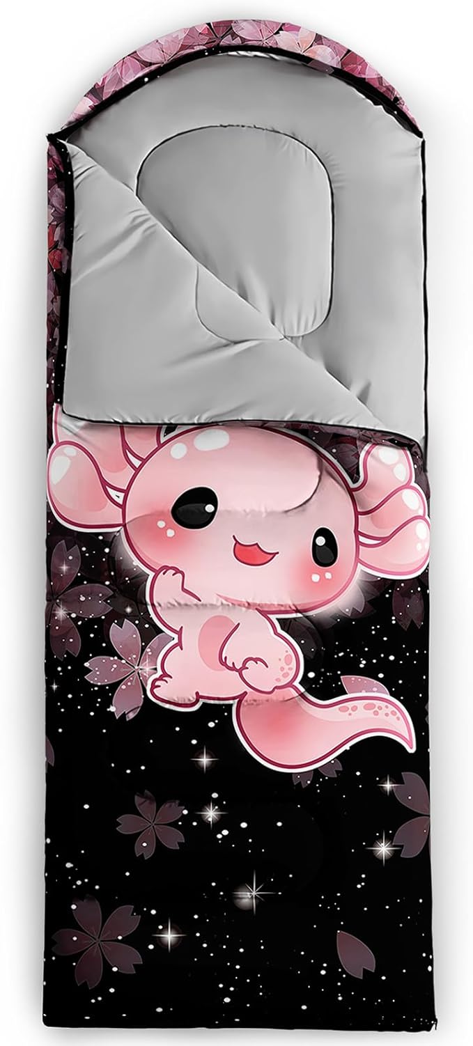 QOOMO Axolotl Cute Camping Sleeping Bags,3 Season Warm & Cool Weather,Lightweight,Waterproof Sleeping Bags for Adults & Kids,Traveling,and Outdoors