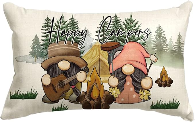 AVOIN colorlife Happy Campers Throw Pillow Cover 12x20 Inch, Gnome Campfire Decoration for Home Sofa Couch