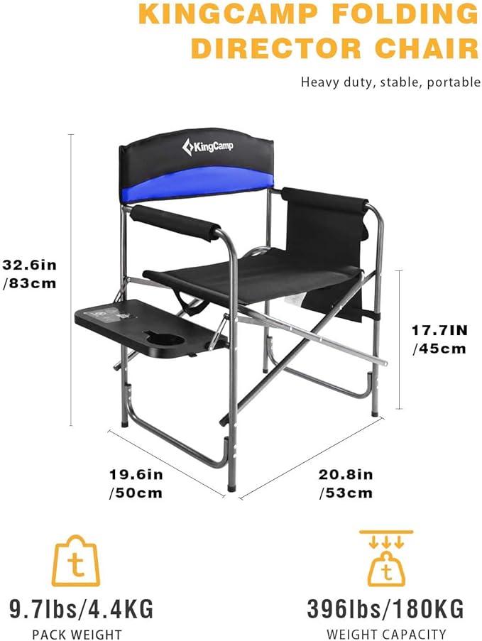 KingCamp Portable Camping Chair, Folding Directors Chair Compact Outdoor Chair with Side Table Cup Holder for Beach Trip Tailgating Lawn Sports Backpacking Fishing Picnic, Blue