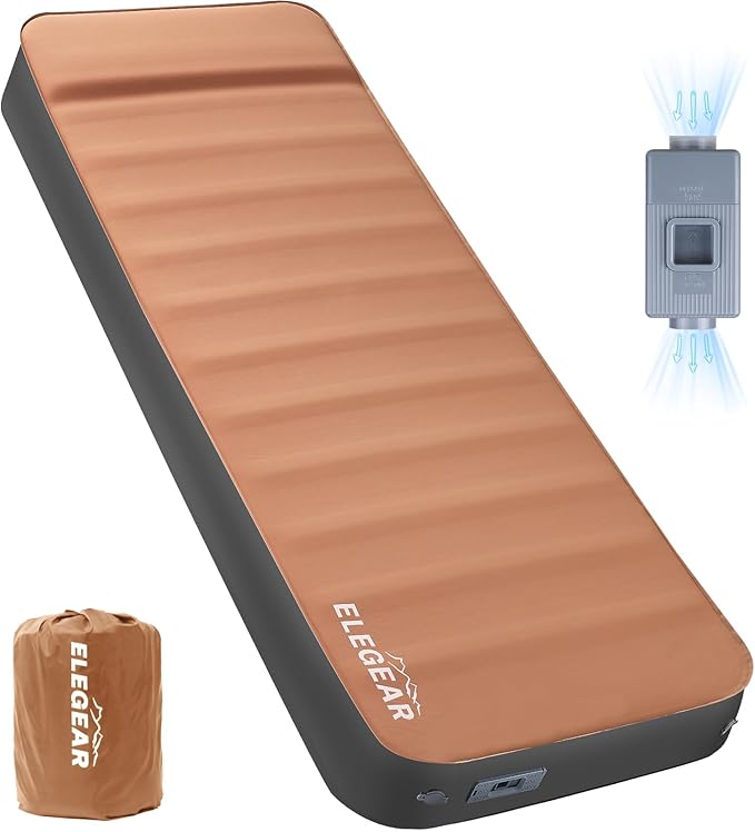 Elegear CumbreX™ Air & Foam Self Inflating Sleeping Pad, Built-in Electric Pump 4" Ultra-Thick Memory Foam Camping Mattress with Pillow Camping Pad 4-Season R-Value 9.5 Camp Mat (Khaki,Single)