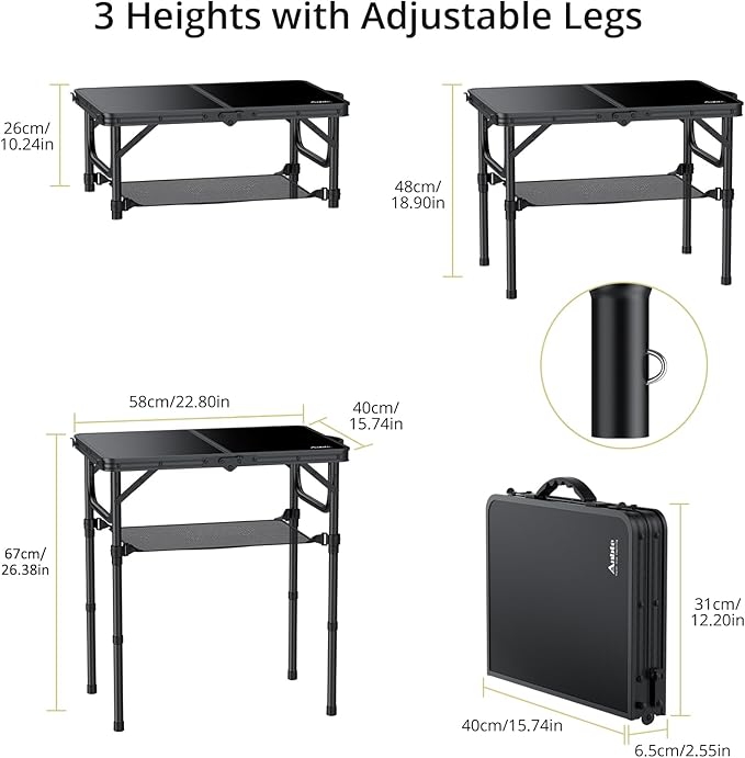 Anbte 2ft Folding Camping Table with Storage Net, 3 Adjustable Heights Small Folding Table Lightweight & Portable with Carry Handle, for Camping, Fishing, Picnic, Beach, Outdoor, 22.8" x 15.7", Black