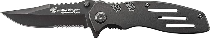Smith & Wesson Accessories Extreme Ops SWA24S 7.1in S.S. Folding Knife with 3.1in Serrated Clip Point Blade and Aluminum Handle for Outdoor