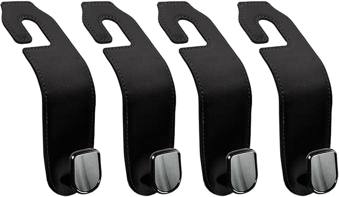 Leather Seat Headrest Hook, 4 Pack Purses and Bags Holder Hanger for Car Groceries Organization Accessories, Black