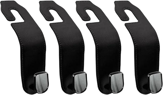 Leather Seat Headrest Hook, 4 Pack Purses and Bags Holder Hanger for Car Groceries Organization Accessories, Black