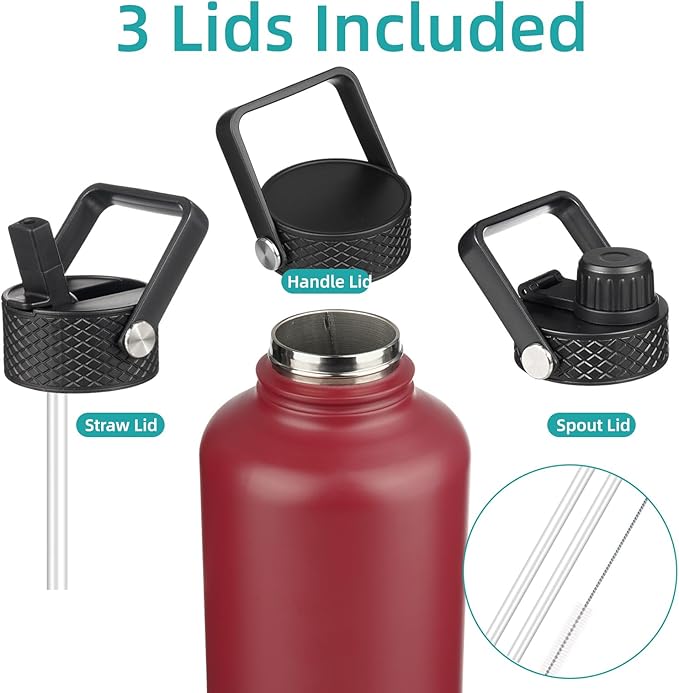 Konokyo Insulated Water Bottle with Straw,50 oz 3 Lids Water Jug with Carrying Bag,Paracord Handle,Double Wall Vacuum Stainless Steel Metal Flask,Dark Red