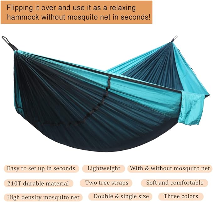 AnorTrek Camping Hammock with Mosquito Net, Double & Single Lightweight Portable Hammocks with Tree Straps, Parachute Hammock for Camping, Backpacking