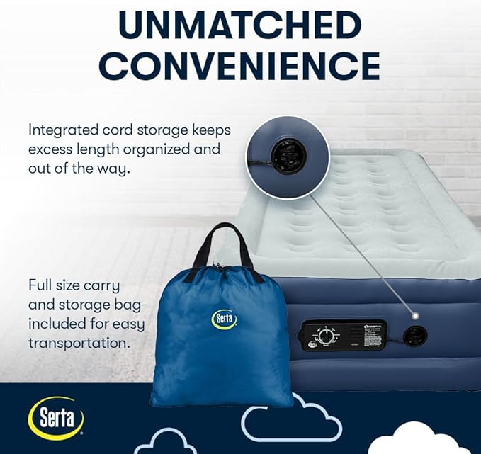 Serta Raised Air Mattress with Never Flat Pump | Luxury Inflatable Mattress with Built in Air Pump to Ensure a Good Night’s Rest | Heavy Duty Blow Up Mattress with Self Inflating Pump