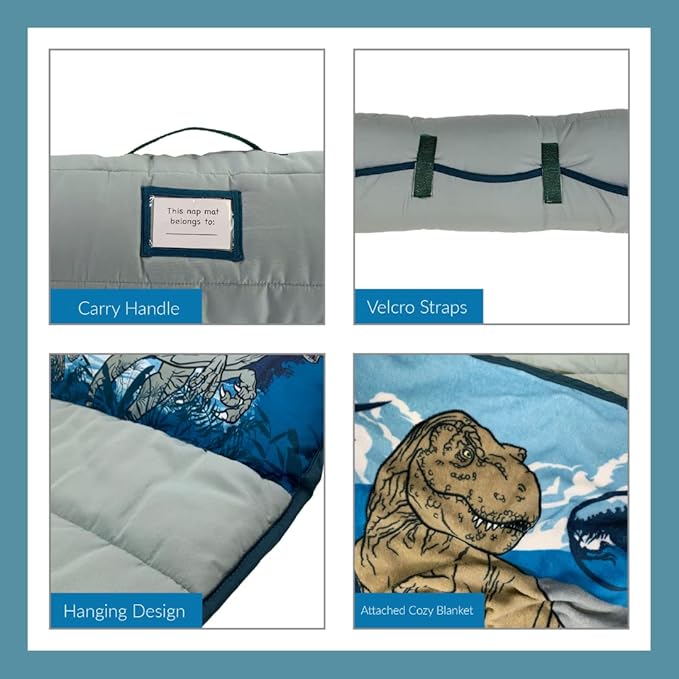 Jurassic World 24"(W) X 45"(L) Soft Toddler Nap Mat with Pillow and Blanket Perfect for Preschool, Daycare, and Travel (100% Official Licensed Product)