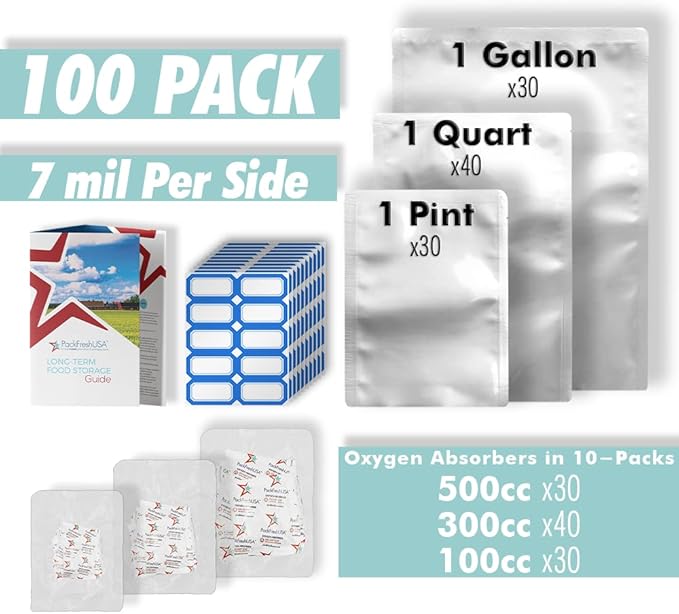 PackFreshUSA 100-Pack 7 Mil Mylar Bags & Oxygen Absorbers - Pint, Quart, Gallon – Durable Food Storage for Long-Term Prep, Heat Sealable & Moisture-Resistant
