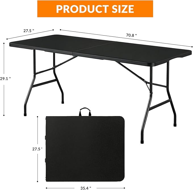 Lakhow Folding Table 6ft Heavy Duty Portable Table Indoor Outdoor with Parties, Camping & BBQs, Folds in Half for Easy Storage, No Assembly Required, Black
