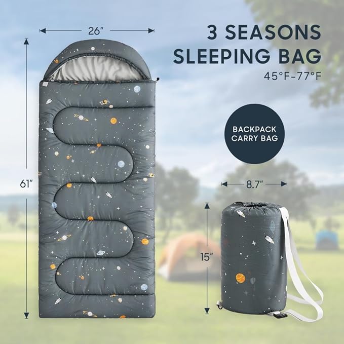 Wake In Cloud - Kids Sleeping Bag for Boys Toddlers, Camping in Warm Cold Weather, Backpacking Lightweight Compact Outdoor Liner for 3 Seasons, Galaxy Space