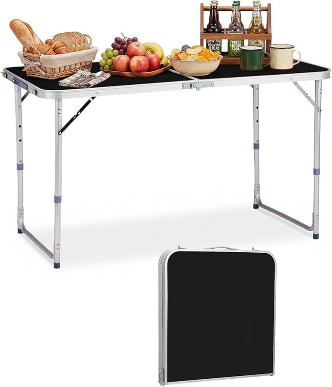Outvita 4ft Portable Folding Camping Table, Outdoor Waterproof Adjustable Height Table, Aluminum Lightweight Suitcase Foldable Table for Picnic BBQ Beach Dining