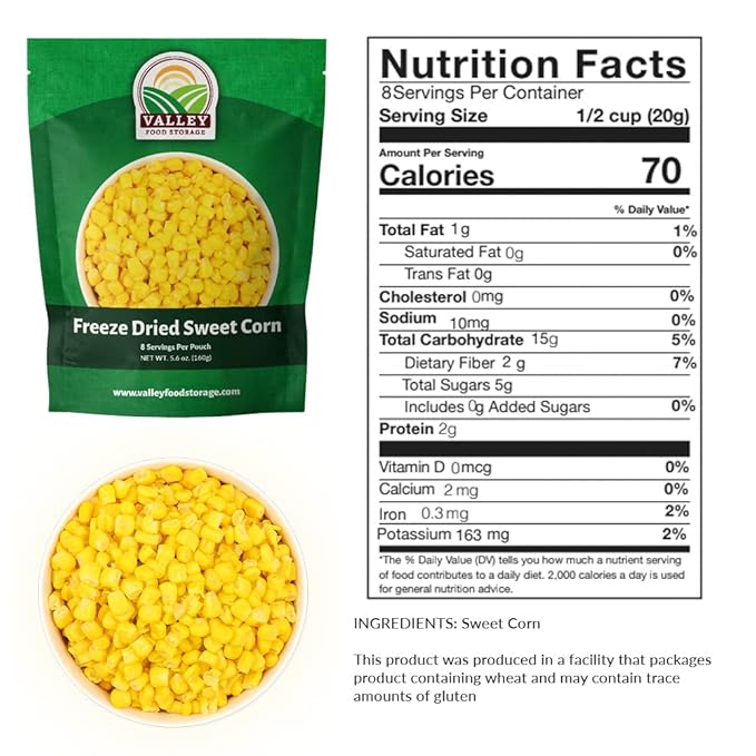Valley Food Storage Freeze Dried Sweet Corn | 10-Bag Bucket, 56 oz | Premium Emergency Food Supply, 25 Year Shelf Life | Long Term Food Storage, Camping Meals & Prepper Supplies | Packaged in USA