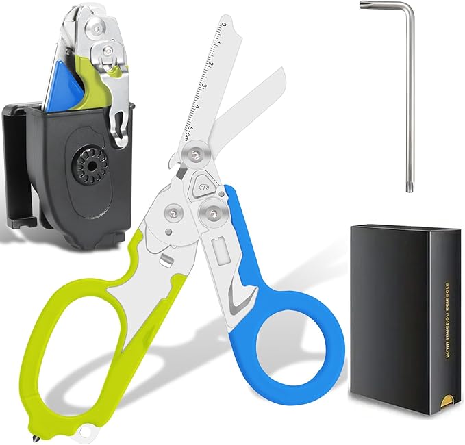 6-in-1 trauma shears - emergency responders, outdoor emergencies, medical staff, and outdoor camping, Gift box packaging with scissors storage K sheaths (blue-green)