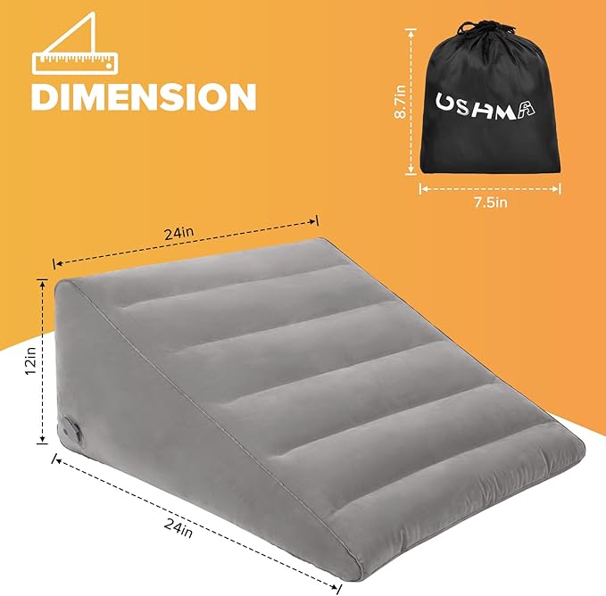 USHMA Inflatable Wedge Pillow for Traveling, 12 Inch Travel Bed Wedge for Headboard Triangle Pillow, Travel Wedge Pillow for Sleeping, Acid Reflux Relief, After Surgery, Back Pain Relief