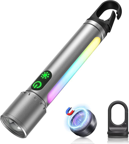ADDplus Magnetic Flashlight Rechargeable,2000LM 5000mAh Flashlights High Lumens with 18 Modes,Waterproof, Adjustable,Powerful Flash Light,Multi-Flashlights for Home,Car,Hiking,Camping (1, Silver)