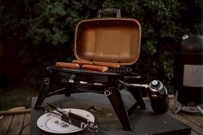 GasOne Tabletop Propane Grill – Portable Grill Propane with Heat Resistant Handles, Large Cooking Surface – User Friendly Temperature Control Knob Portable Gas Grill for RV, Camping, Home – Tan Brown