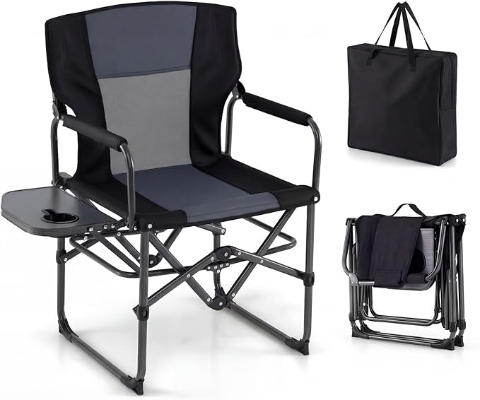 GYMAX Oversized Camping Directors Chair, Portable Folding Camping Chairs for Adults with Table, Heavy-Duty Lawn Chair for Fishing, Picnic, Sports, Beach, Outdoor, Supports 500LBS (Grey)