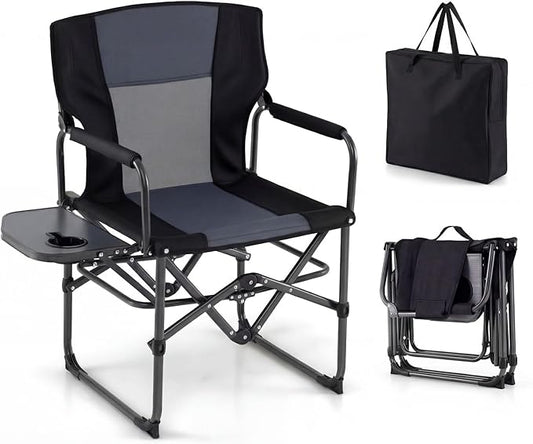 GYMAX Oversized Camping Directors Chair, Portable Folding Camping Chairs for Adults with Table, Heavy-Duty Lawn Chair for Fishing, Picnic, Sports, Beach, Outdoor, Supports 500LBS (Grey)
